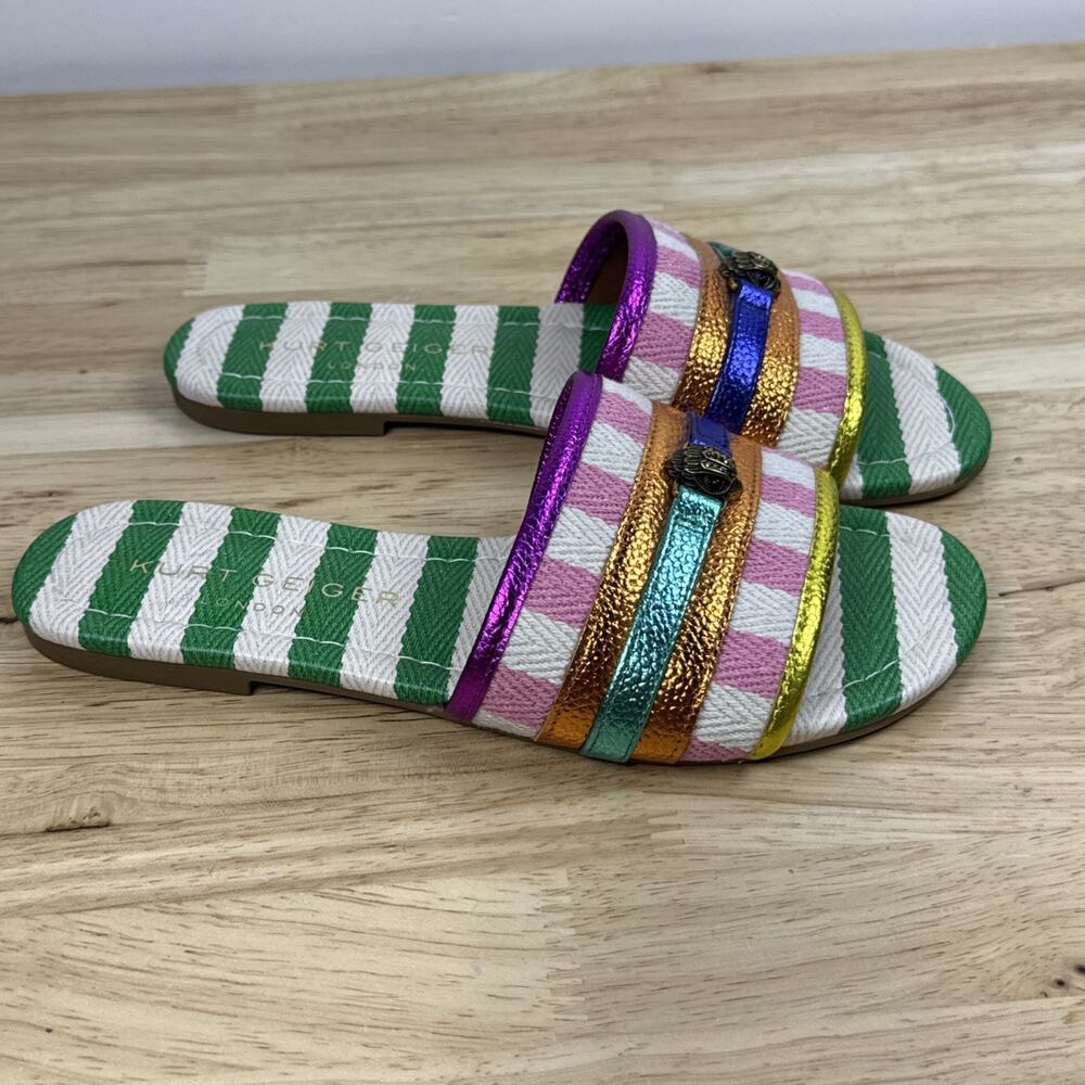 Kurt Geiger London Women's Southbank Fabric Stripe Flat Sandals Green Comb Sz 6 - Picture 4 of 12